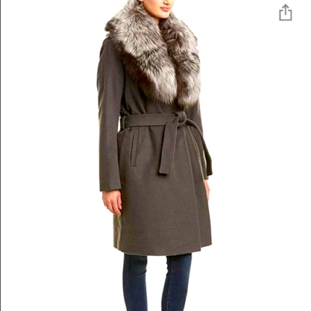 Elie Tahari Women's Sasha Wool Wrap Coat with Real Fur Collar like new Xlarge